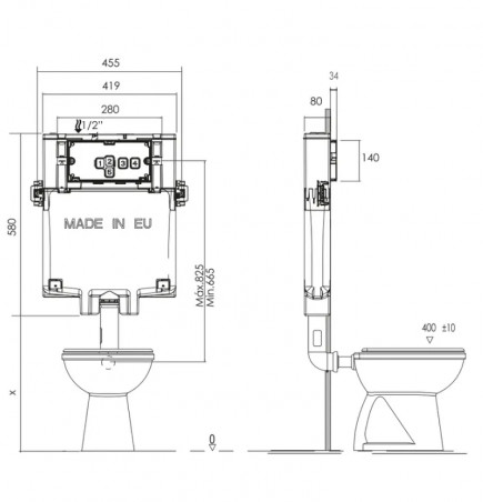 Réservoir WC encastré complet DIAMANTE, remplacement EURO FUTURA 620, double volume