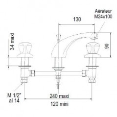 Mezclador de lavabo de tres agujeros con caño fijo, con residuos pop-up, distancia entre centros 12 a 24cm