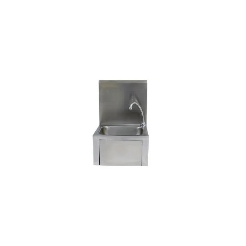 Stainless steel washbasin with backsplash complete with pushbutton