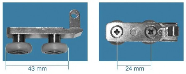 Double wheel on aluminium support, distance between centres 24mm L.43mm