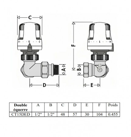 Thermostatic body double angle D or G 15x21 right