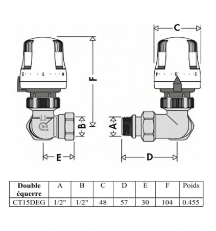 Robinet thermostatique, corps double équerre gauche Caleffi, 15x21 (1/2")