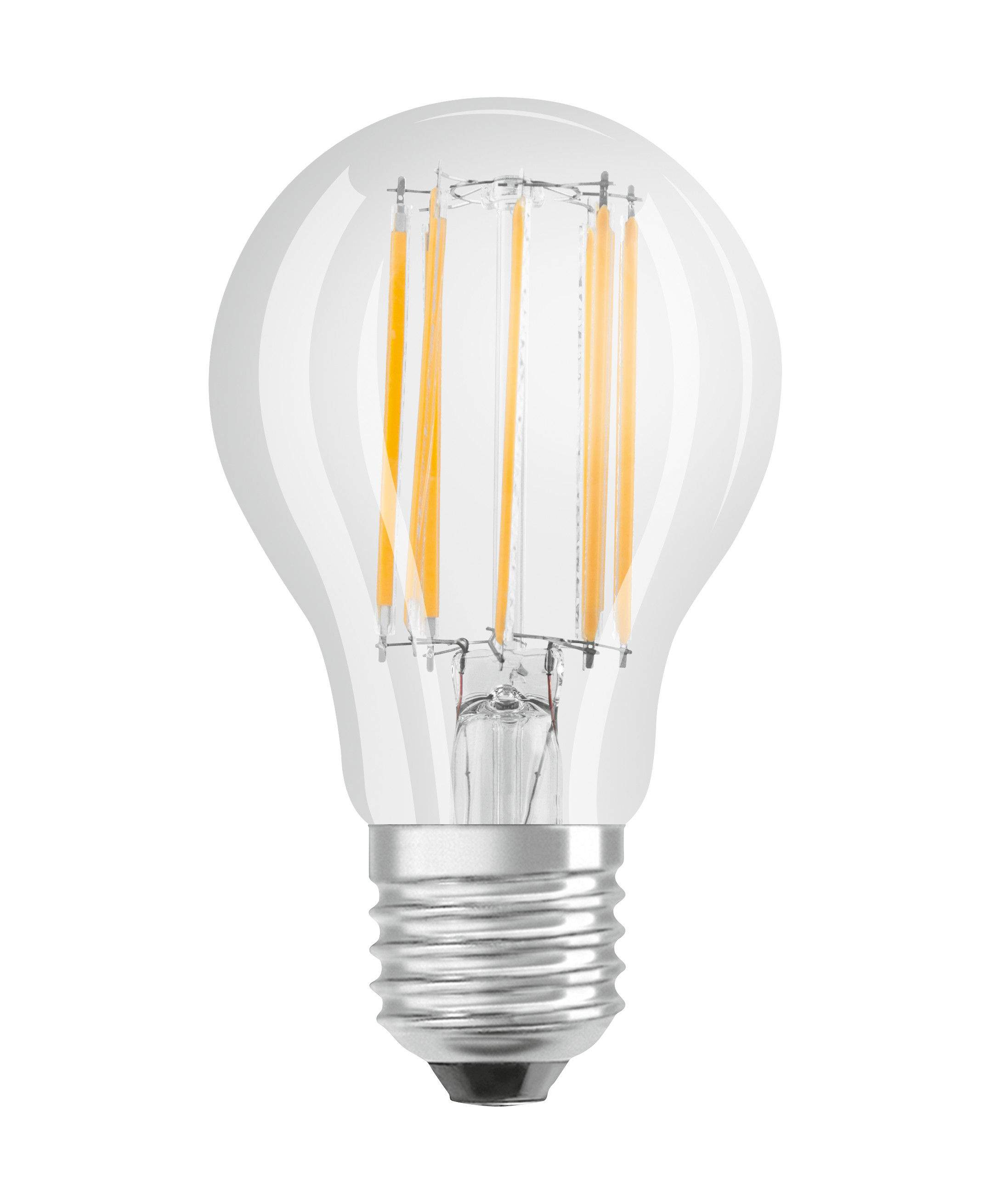 Bombilla LED de cristal transparente estándar E27, 11W, blanco cálido.