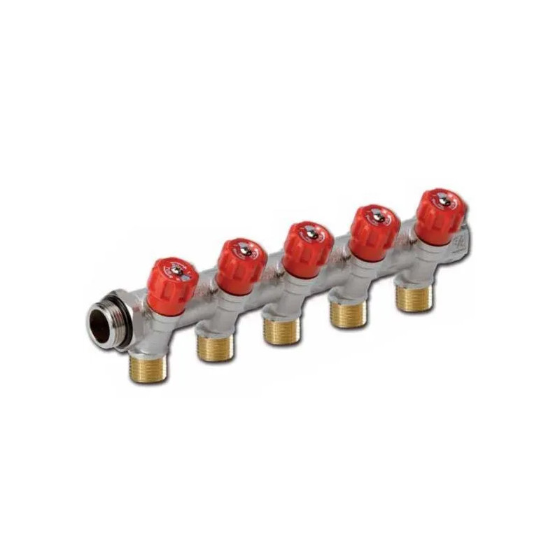 Sanitary manifolds 5 outlets red with integrated remote fittings