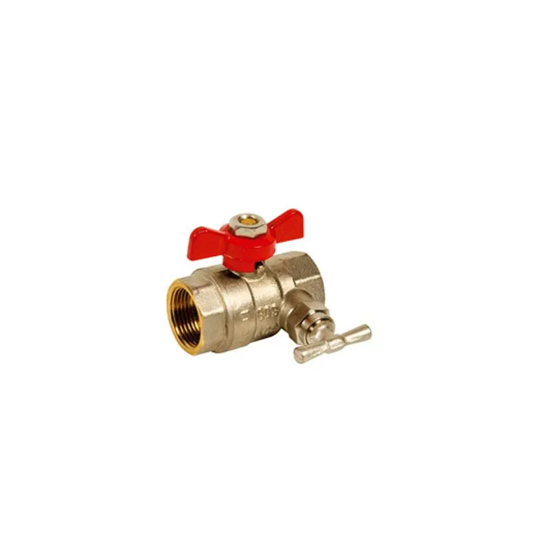 Double female brass ball valve with bleed PN25 + red butterfly handle, 15X21