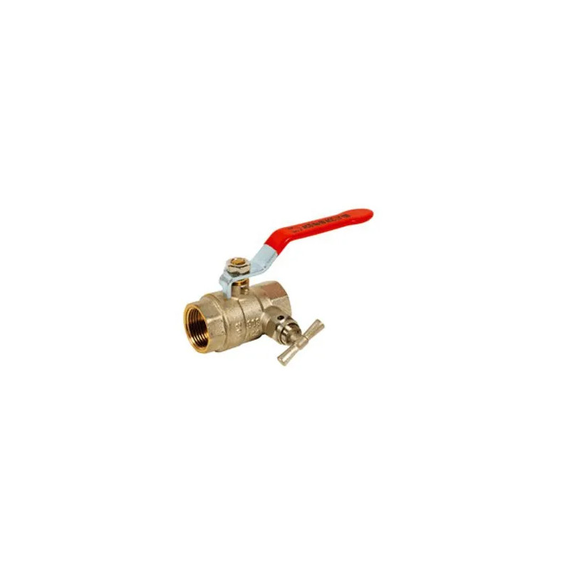 Double female brass ball valve with bleed PN25 + red flat steel handle, 40/49