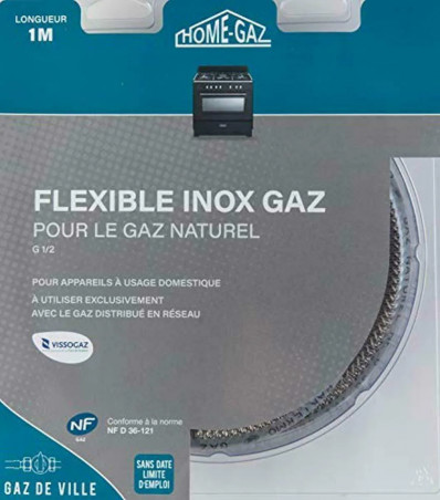 Flexible inox pour gaz naturel, durée illimitée, longueur 1m