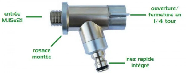 Rubinetto interamente cromato da 1/4 di giro, M.15x21, con naso rapido integrato.