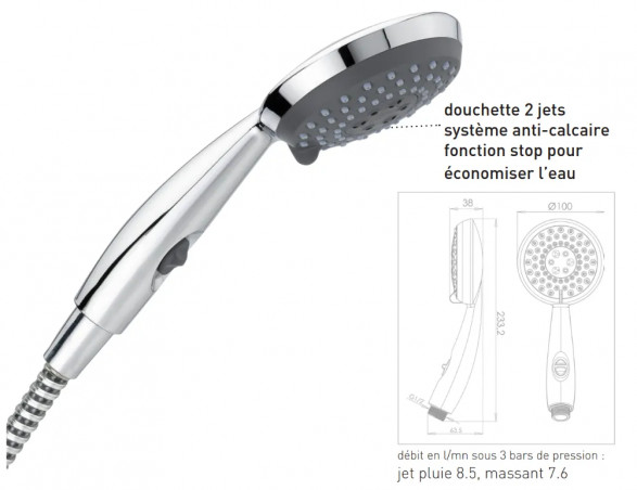 Pomme de douche avec arrêt "Go Stop", 2 jets, économie d'eau, chromé