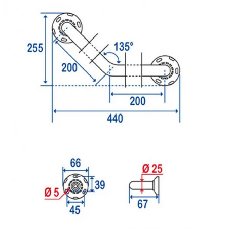 Barra angolare 135° 200x200 mm, D.25 mm Cromo