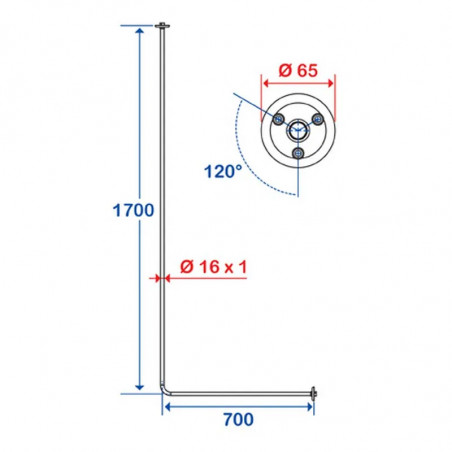 Binario d\'angolo 700x1700 mm con 2 terminali