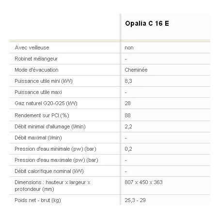 OPALIA C16E Calentador de baño instantáneo con luz piloto de gas natural