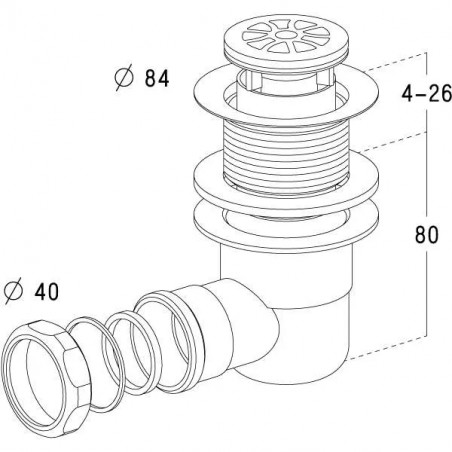 Bonde horizontale laiton à visser 40x49 pour receveur diamètre 60, 0504001