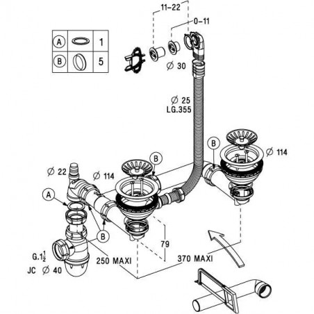 Complete manual drain chrome for double sinks - 0224316