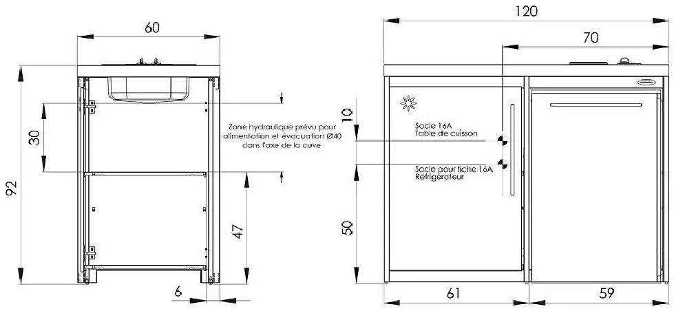 Cocina con placa y refrigerador METALINE 120cm, glaciar cubierto de polvo