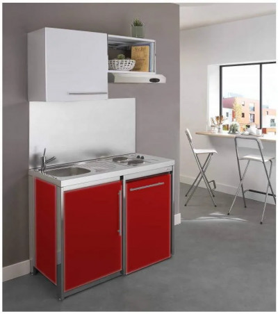 METALLINE 120cm kitchenette with hob and fridge, carmine powder coated