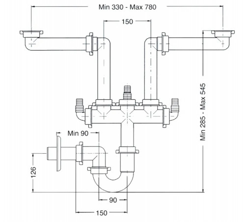 Platzsparender Stutzensiphon für 2-Beckenspülen