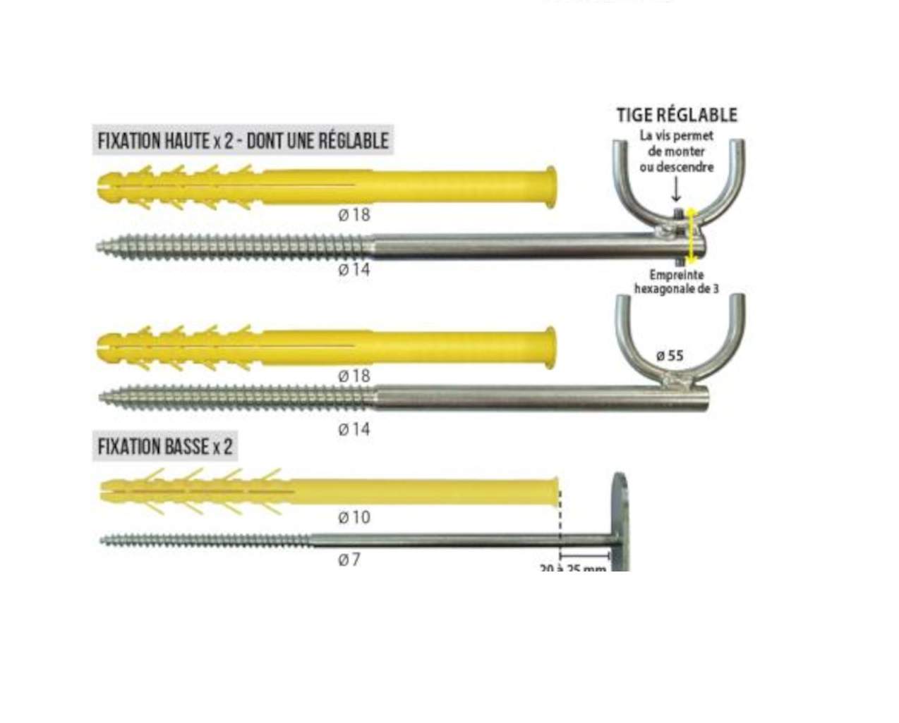 Kit de fixations radiateur en fonte pour mur ancien ou avec doublage, 2 fixations hautes 18x200 et 2 fixations basses 10x200