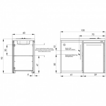 Evier kit 100x60, avec découpe pour Domino