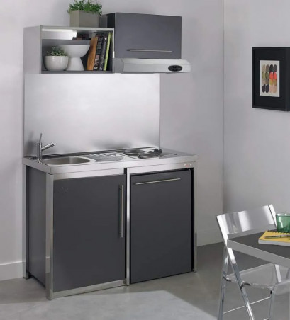 Cuisinette avec plaque et réfrigérateur METALLINE 120cm, thermolaqué anthracite