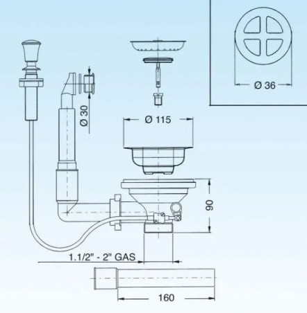 Automatic sink drain with round overflow and chrome push button