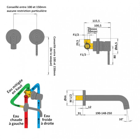 Miscelatore cromato a 2 fori per lavabo a parete COX