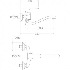 Miscelatore monocomando a parete per lavello con bocca girevole Titanium