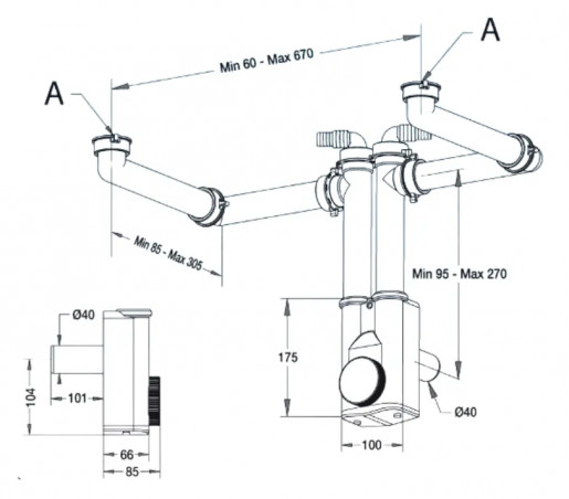 Siphon visitable avec gain de place pour 2 cuves SPAZIO 2 NT