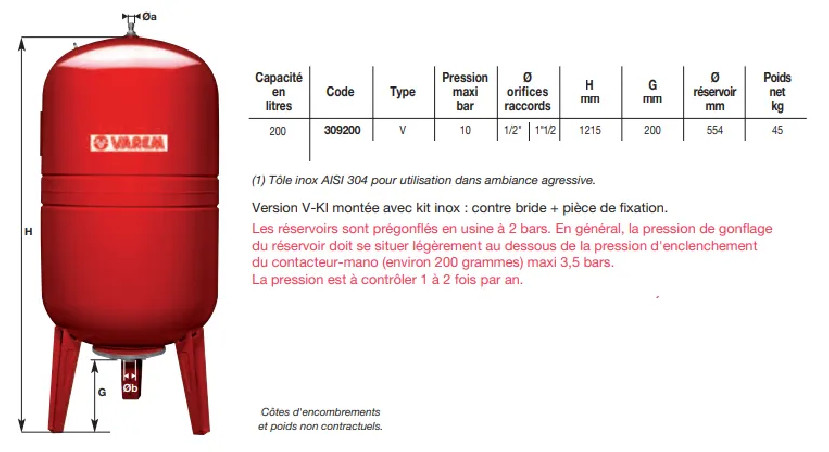 Ballon vessie surpresseur vertical 200 Litres (10 Bars maxi)