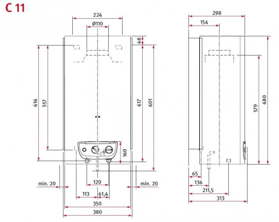 Badheizkörper OPALIA C11Z Piezo Bas-NOx, Stadtgas, mit Zündbrenner