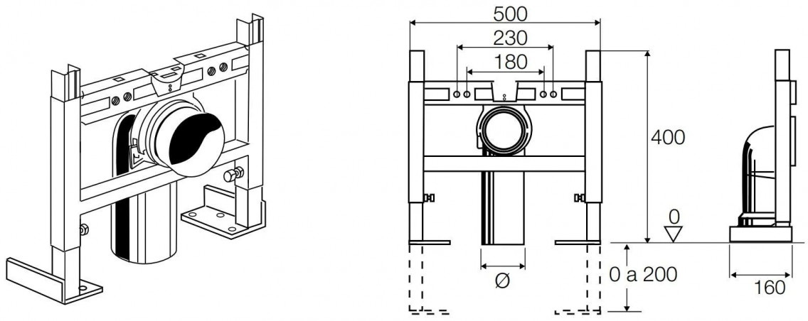 Bloque de baño autoportante con tubo curvado