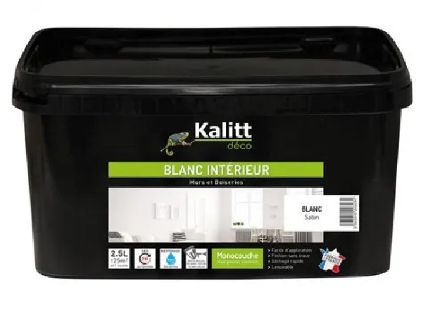 Peinture mur/plafond mono couche acrylique satinée blanche 2.5L - KALITT