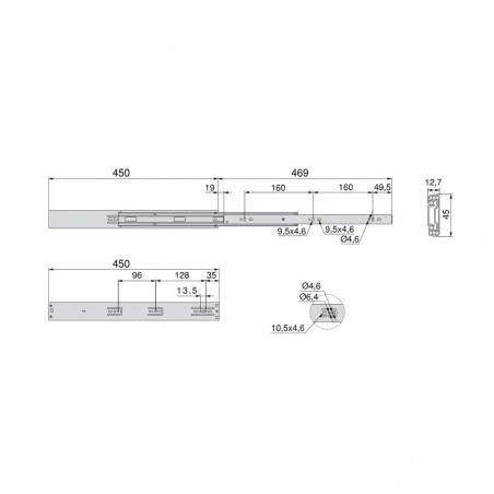 Pairs of drawer slides, ball bearing, full extension and soft closing, 45x450, set of 5