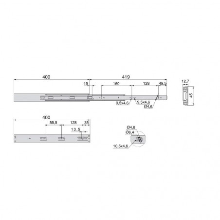 Pairs of drawer slides, ball bearing, full extension and soft closing, 45x400, set of 5