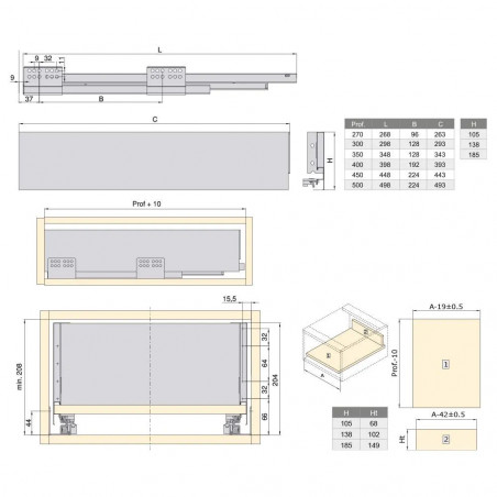 Kit de tiroir avec amortie, hauteur 185mm, longueur 500mm, blanc