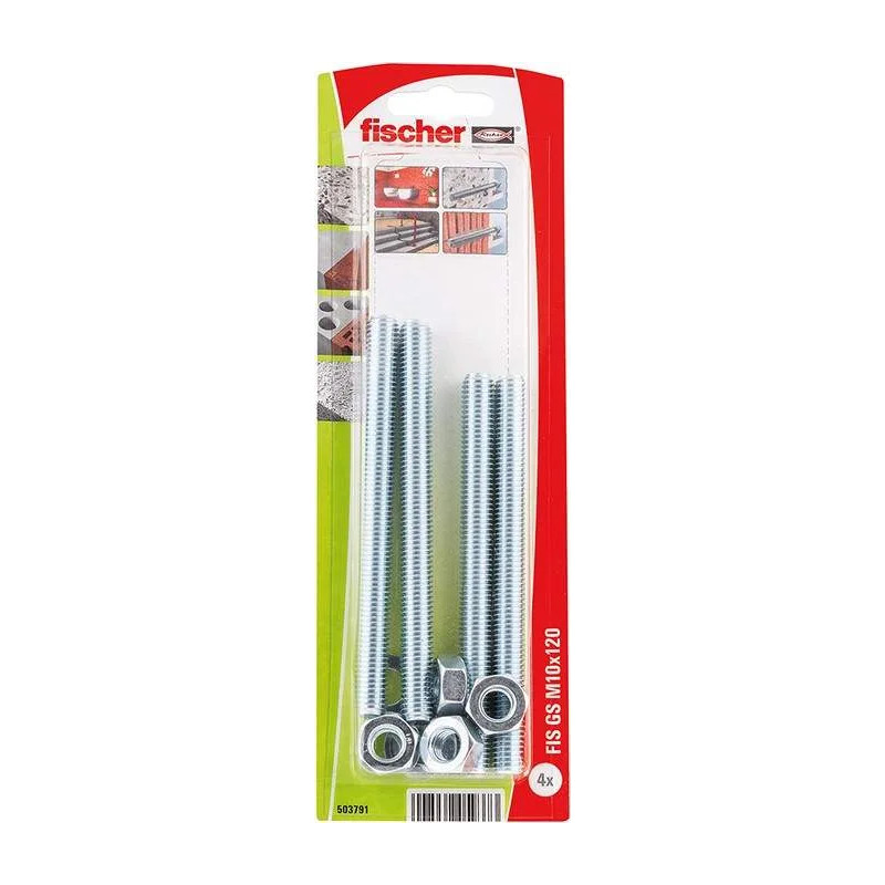 Threaded rod 10x120mm with nut and washer, 4 pieces