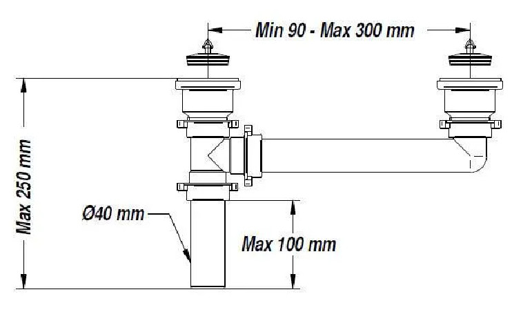 Scarico per lavello doppio, senza sifone, senza troppopieno, diametro 70mm