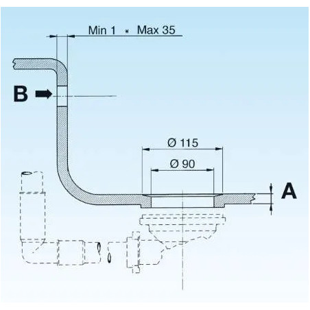 Space-saving basket strainer with 90mm overflow