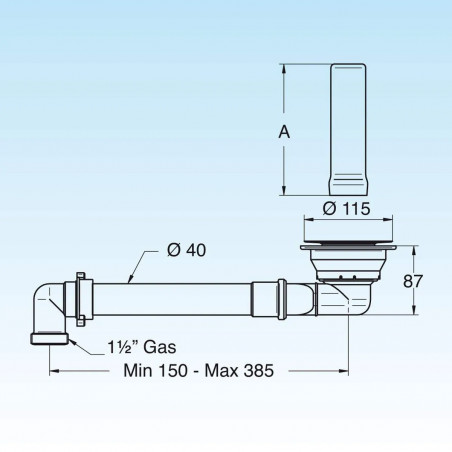 Bonde gain de place avec tube de surverse inox 170 mm pour évier diamètre 90 mm