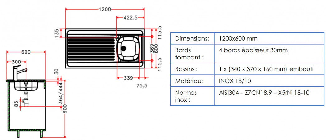 Stainless steel sink, 120x60 cm, 1 bowl, 1 drainer