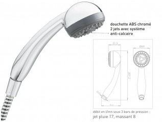 Douchette 2 jets, diamètre 65 mm, anti-calcaire et joint réducteur de débit, abs chromé