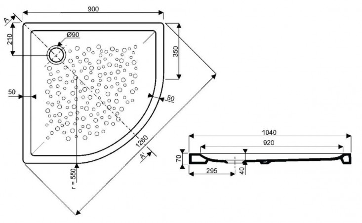 Piatto doccia extra piatto quarto tondo PRIMA 900x900x70mm.