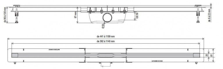 Caniveau de douche ajustable de 400 à 1200 mm.