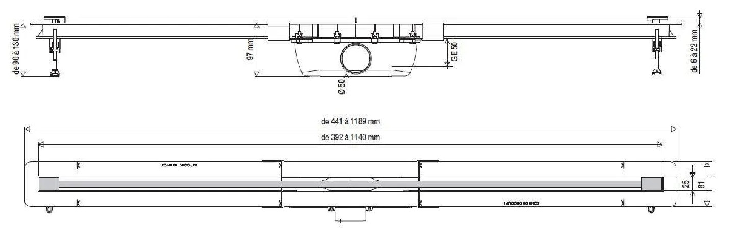 Verstellbare Duschrinne von 400 bis 1200 mm.