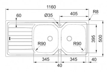 Stainless steel sink, 2 basins 1 drainer, 1160x500mm RNN621