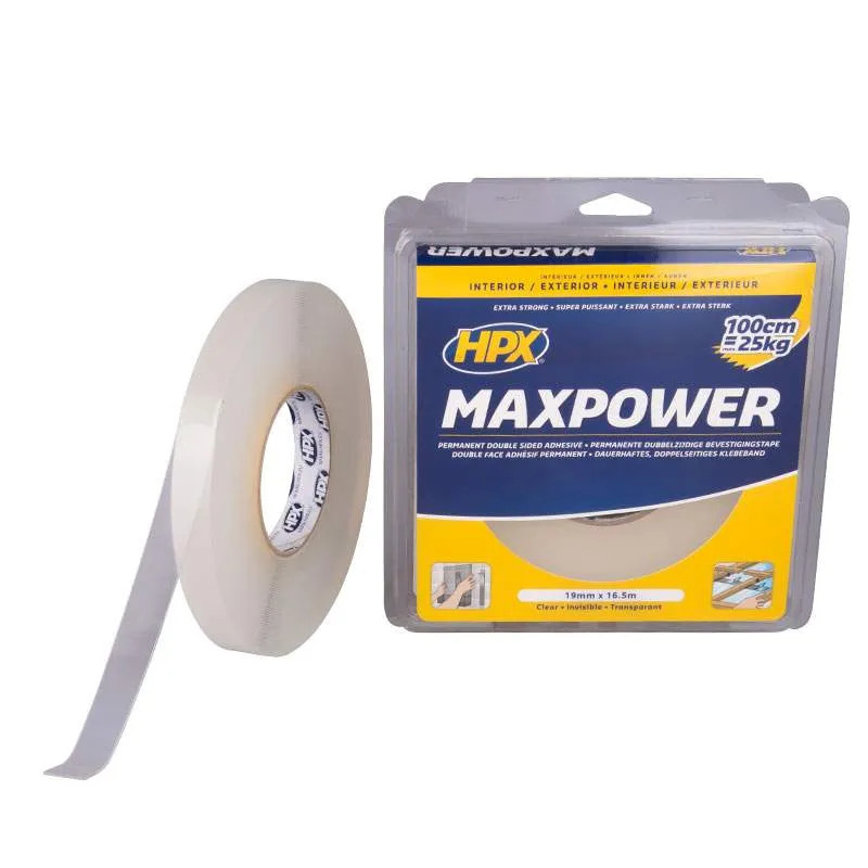 MAX POWER permanent double-sided tape, transparent, 19m x 5m