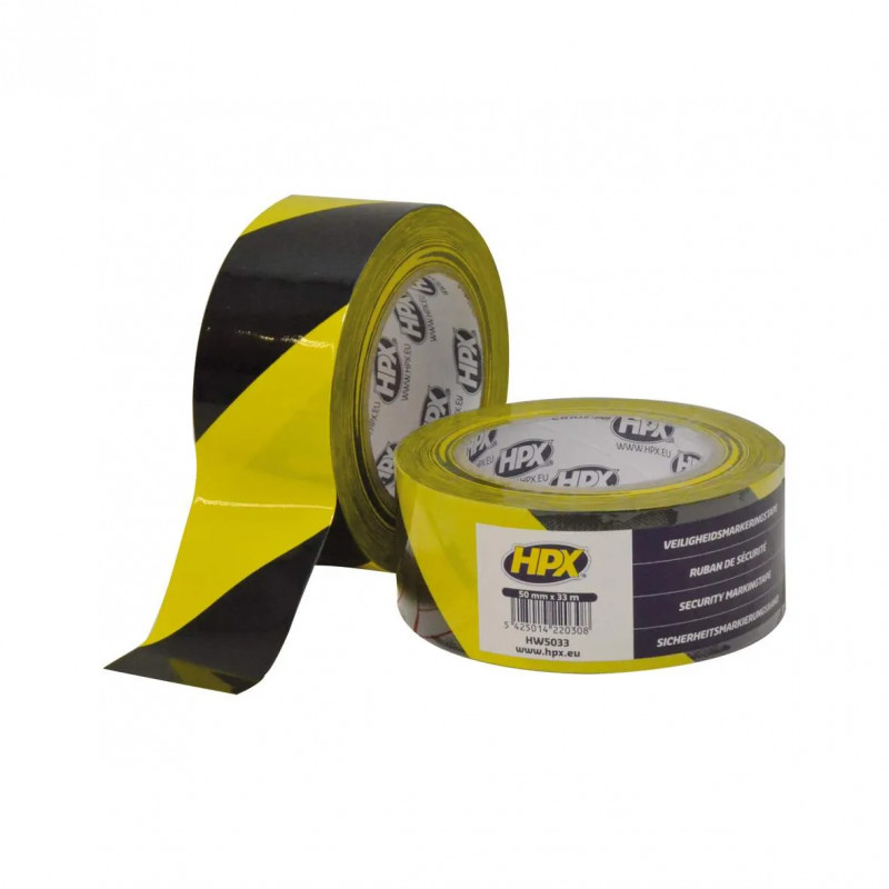 Signalling and safety tape, yellow and black adhesive, 50mm x 33m