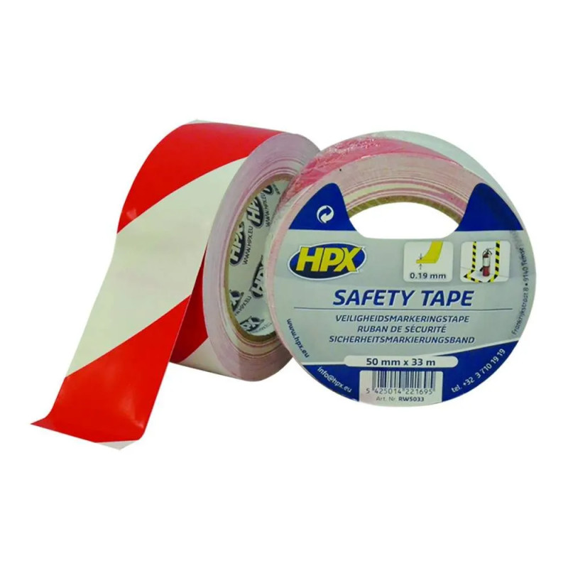 Signalling and safety tape, white and red adhesive, 50mm x 33m