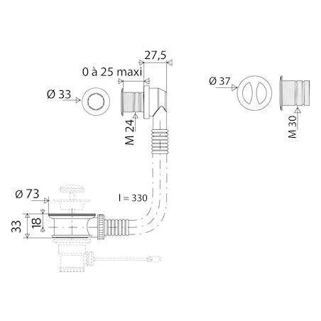 Overflow pipe with 25 and 30mm diameter cover