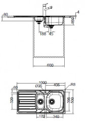 Evier inox à encastrer DEKOR 1 cuve 1/2 et 1 égouttoir, 1000x500 mm RNL 651